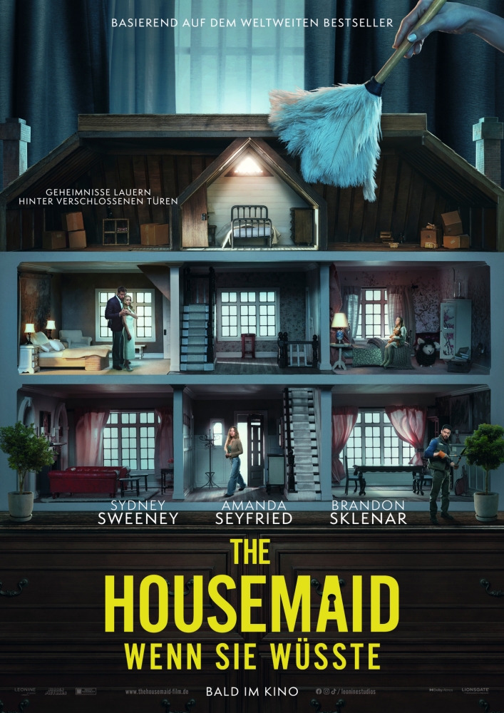 Ein Haus mit verschiedenen Zimmern, darunter der Schriftzug "The Housemaid - Wenn sie wüsste"