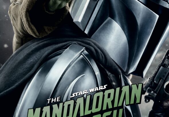 Der Mandalorian mit Helm und Grogu auf der SChulter - Mandalorian and Grogu