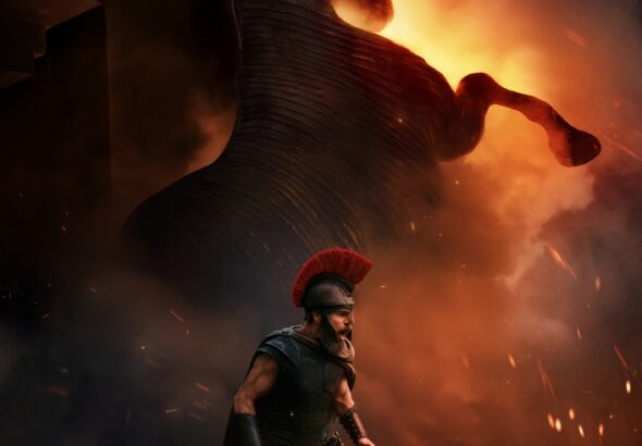 Der Umriss des trojanischen Pferds, davor Odysseus mit Schwert in der Hand - Die Odyssee