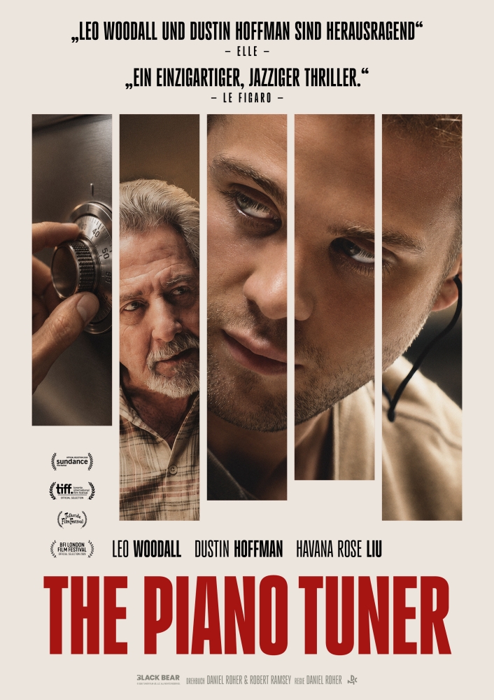 Leo Woodall und Dustin Hoffman einem durch Streifen getrennten Bild mit einem Finger an einem Tresor-Öffner - The Piano Tuner