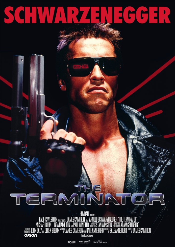 Arnold Schwarzenegger als Terminator mit einer Sonnenbrille und einer Waffe in der Hand - Terminator